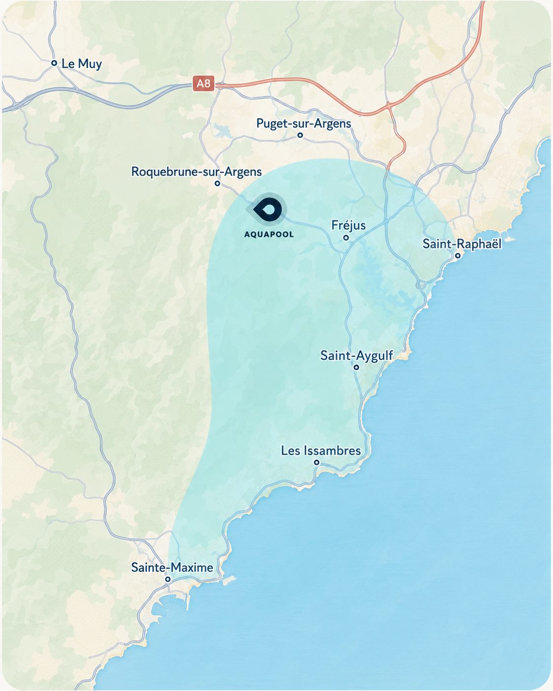 Carte du secteur d’intervention Aquapool, de Roquebrune-sur-Argens aux Issambres, Saint-Aygulf, Fréjus et Saint-Raphaël